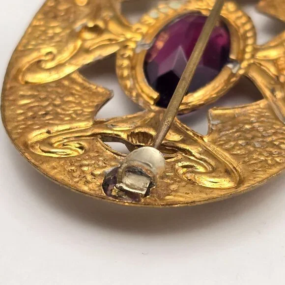 Art Nouveau Style Gold Tone Sash Pin Brooch Faceted Amethyst Glass Statement - Picture 4 of 10